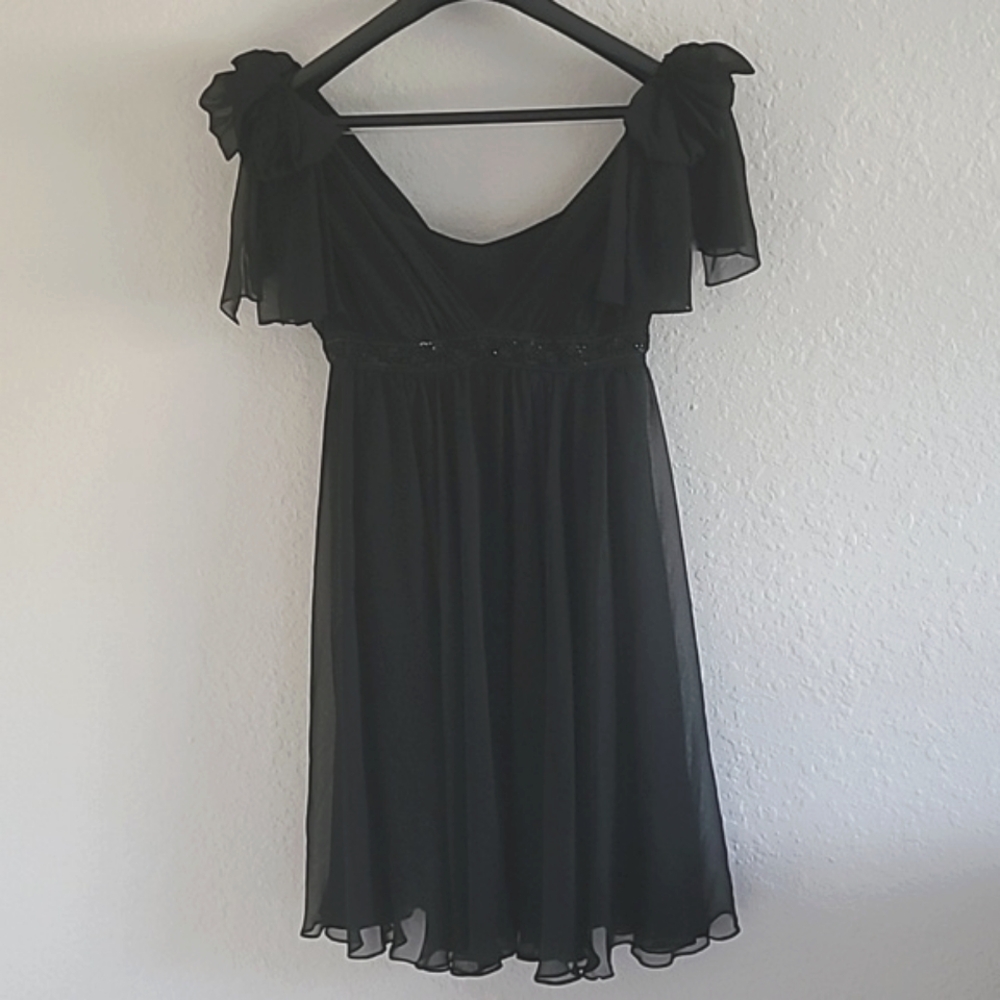 Marchesa Notte Black Silk Cocktail Evening Dress. Sz 6. Chiffon Overlay Beaded.
